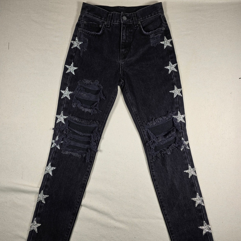 Carmar Los Angeles Distressed Rhinestone Star Jeans Black Denim 23 D56 2328
